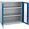 White metal cabinet with open doors. The interior shows three shelves.