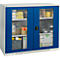 Blue and white cabinet with glass doors, filled with tools and materials.