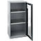Refrigerator with open glass door. Grey color with three shelves. Black door frame.