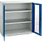A white metal cabinet with blue doors, open. Inside are three gray shelves.