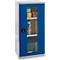 Steel cabinet with blue door, glass insert, filled with various items.