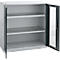 Cabinet with open door, shelves behind. Gray color, metal look.