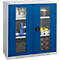 Blue cabinet with glass doors and white frame, filled with various objects. Black handle.