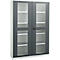 Gray filing cabinet with glass doors and multiple shelves.