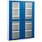 Blue and white cabinet with glass insert and shelves. Two doors, black handle. Clean lines, modern design.