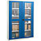 Blue cabinet with glass doors, filled with various items.