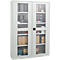 Gray steel cabinet with glass doors. Inside are shelves with various items.