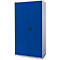 Blue steel cabinet with double doors, black handle, and ventilation slots at the bottom.