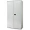 White steel cabinet with two doors and a black handle. Ventilation slots are located below the doors.