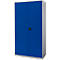 Blue cabinet with two doors, black handle, and ventilation slots at the bottom.