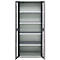 Grey, open file cabinet with five shelves. The doors are open, showing the inside.