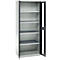 Opened steel cabinet with shelves. The grey door is open.