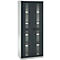 Dark grey office cabinet with glass doors and white shelves. The cabinet is on a light grey base.