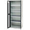 A gray cabinet with open doors, providing a view of five shelves. The cabinet stands against a neutral background.