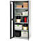 Grey tool cabinet with open door, filled with tools and materials.