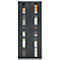 Dark grey cabinet with glass doors revealing shelves with products. A black lock in the center.