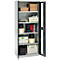 Open steel cabinet filled with materials and tools. Various boxes, rolls, toolboxes.