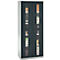 Dark gray filing cabinet with glass doors, filled with office supplies.