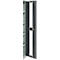 An open metal cabinet. The cabinet is gray and equipped with shelves. The open door shows a white background.