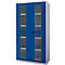 Blue cabinet with glass doors, shelves inside. Black handle in the middle, gray sides.
