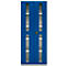 Blue and white double door with glass inserts and handle.