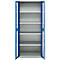 Blue and white steel cabinet with open doors, shelves, and gray trays.