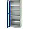 An open, grey steel cabinet with blue door frames. Inside, there are five shelves. One door is open.