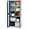 Open, blue steel cabinet filled with various tools and materials. Including boxes, tool cases, rolls and spools.
