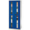 Blue cabinet with glass doors. Inside, shelves with various objects.