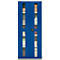 Blue filing cabinet with glass windows, filled with files and office supplies.