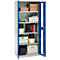 An open, metal cabinet with various objects: boxes, tools, spools, containers. The doors are blue.