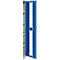 Cabinet with blue door, partially open, gray shelves visible.