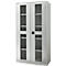 Metal cabinet with glass doors. The cabinet has a black handle and shelves inside.