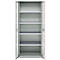 Open gray steel cabinet with six shelves visible through the open doors.