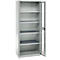 Grey steel cabinet with open door, interior with five shelves. The cabinet stands in front of a white background.