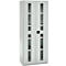 Gray steel cabinet with glass doors. Four glass sections per door show shelves. The cabinet has a black rotary handle.