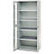 Gray metal cabinet, left door open. Interior view: Five shelves.