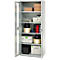 Open silver cabinet. Inside are boxes, spools and tool boxes.