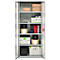 An open steel cabinet with multiple shelves filled with tools, boxes, spools, and cartons.