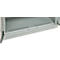 Detailed view of a grey metal cabinet. The lower shelf is perforated with small holes.