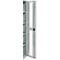 Gray metal cabinet, partially open. Shelves are visible. A handle is mounted on the door.