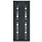 Double door in dark grey with glass windows and horizontal white stripes. A handle is in the middle.
