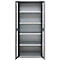 Open cabinet, six shelves, gray metal. The doors are open, the background is white.