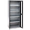 Grey metal cabinet with open door, view inside with shelves.