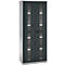 Gray steel cabinet with glass doors, interior shelves visible. Black handle. Clean lines, neat look.