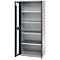 A grey steel cabinet with open doors, revealing five shelves.