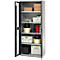 Opened metal cabinet with shelves. Boxes, tools, spools, and toolboxes.
