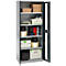 Open metal cabinet with various stored items: boxes, tools, rolls.