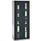 Dark gray filing cabinet with glass doors, filled with folders, papers and equipment.