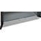 Close-up of a gray metal shelf with a perforated pattern. The shelf is integrated into a cabinet, the door is open.